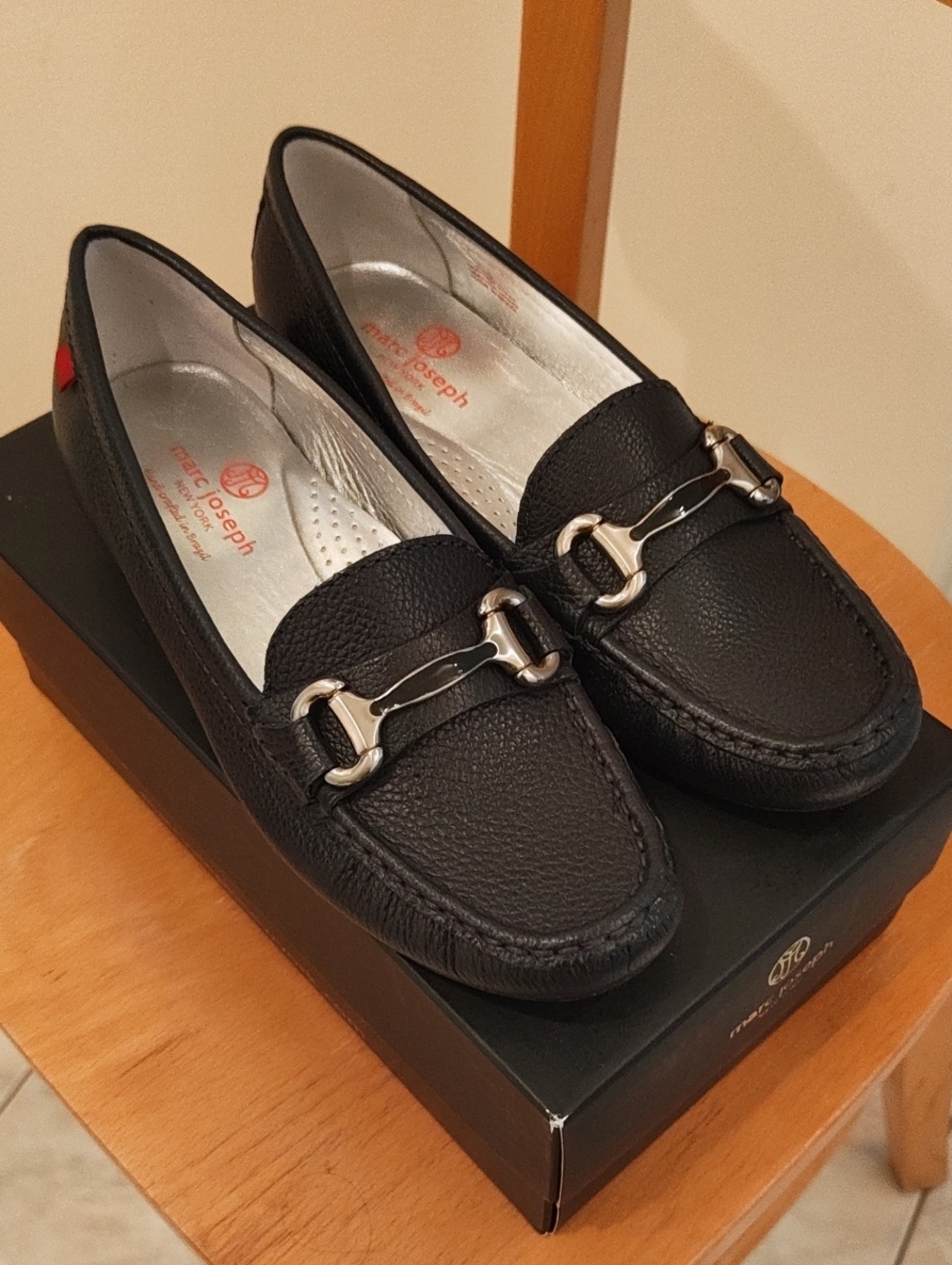 Marc Joseph Dark Navy Grain Pebbled Leather Loafer with Silver Bit